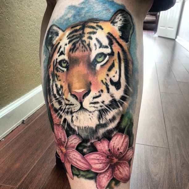 Coloured tattoo of tiger on the calf muscle - Tattooimages.biz